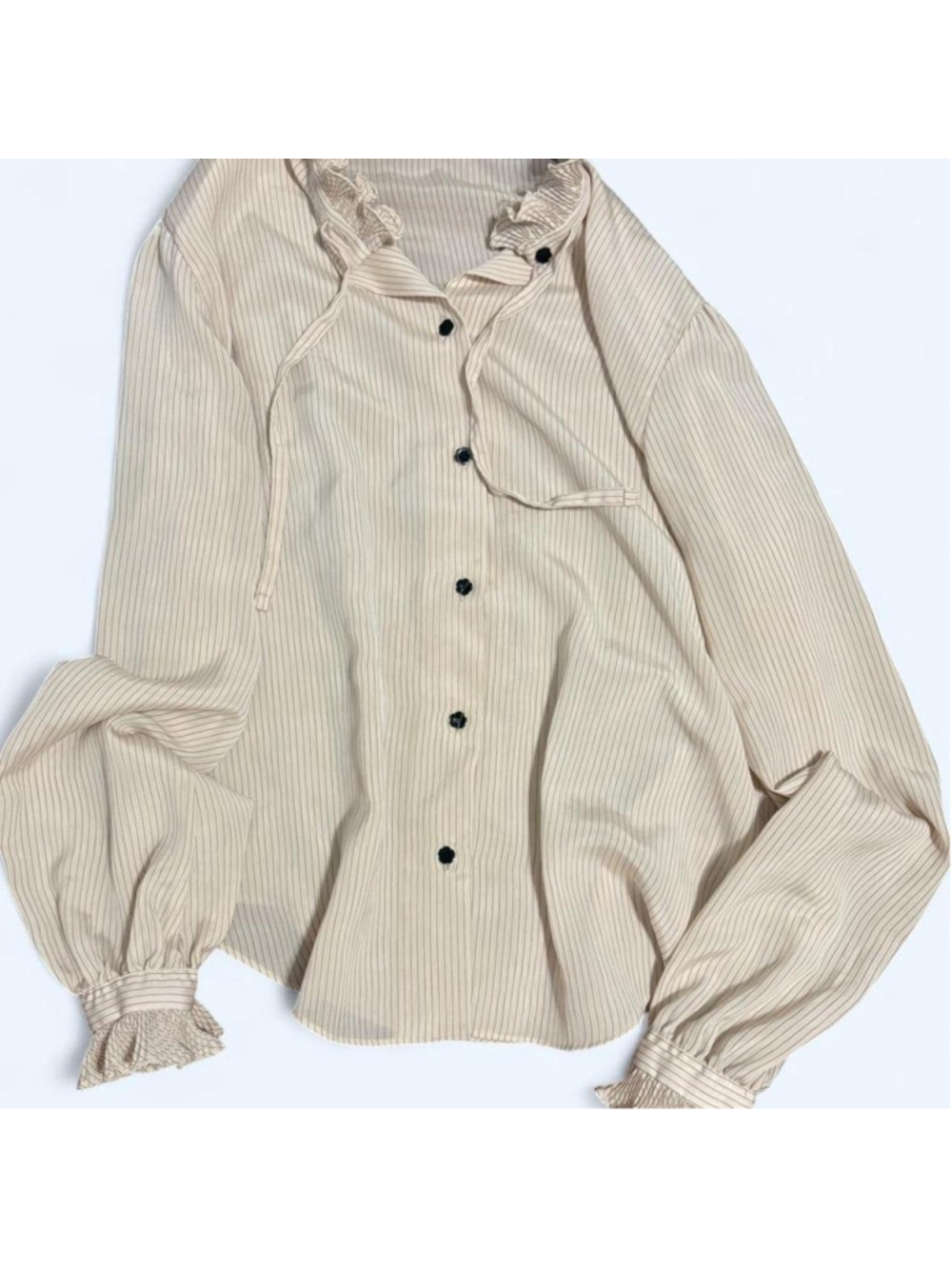 Vintage Stuart Lang cream and black striped blouse with ruffles, tie neck, and b